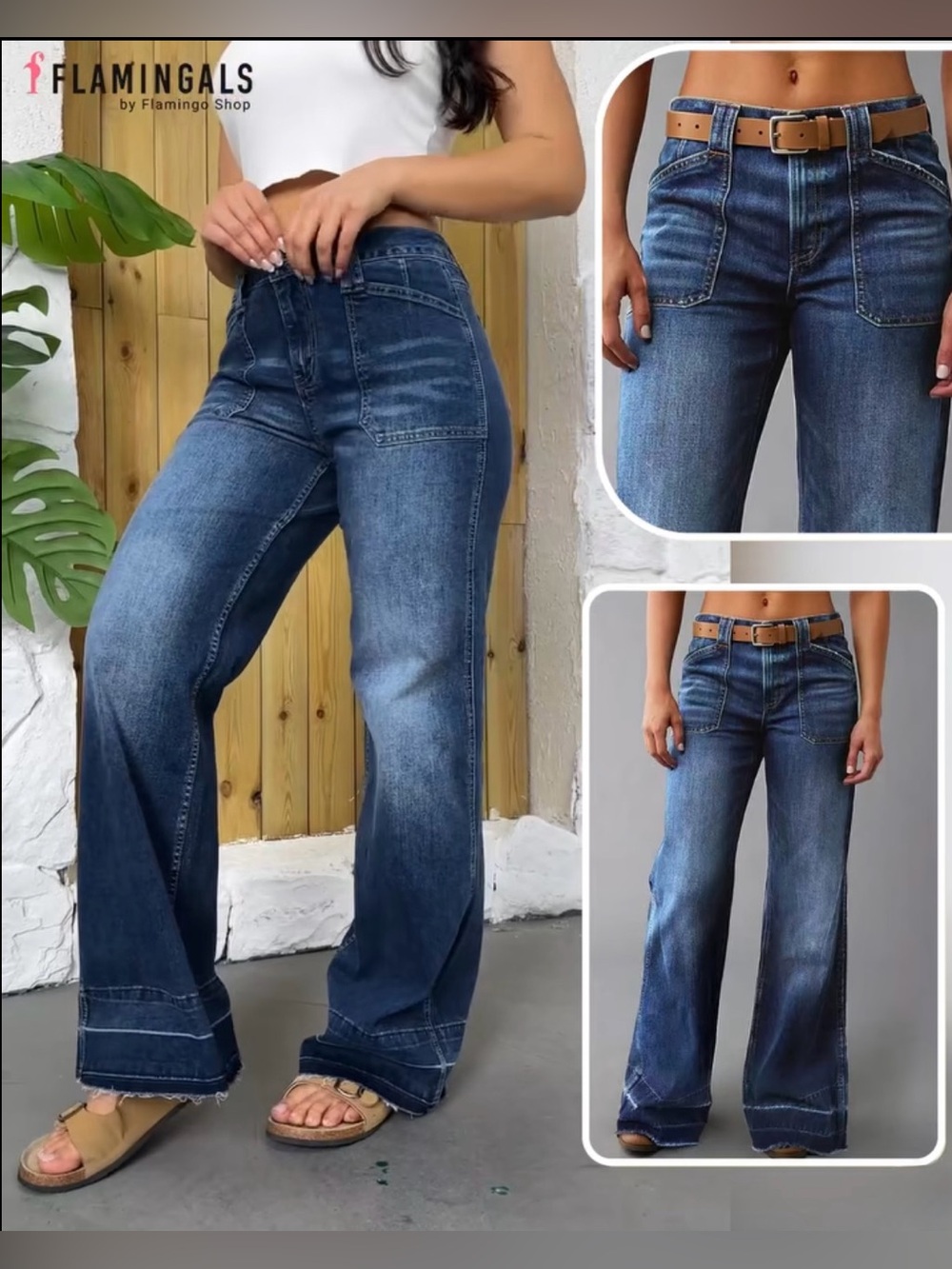 Flamingals NWT High Rise Cargo Wide Leg Jeans Medium Blue Size S